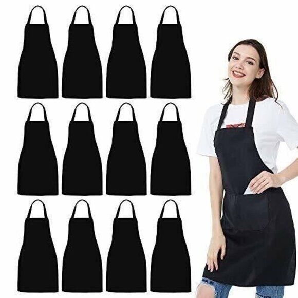 12 Pack Bib Apron Unisex Black Apron  w/ 2 Pockets Lightweight Machine Washable - Picture 1 of 8